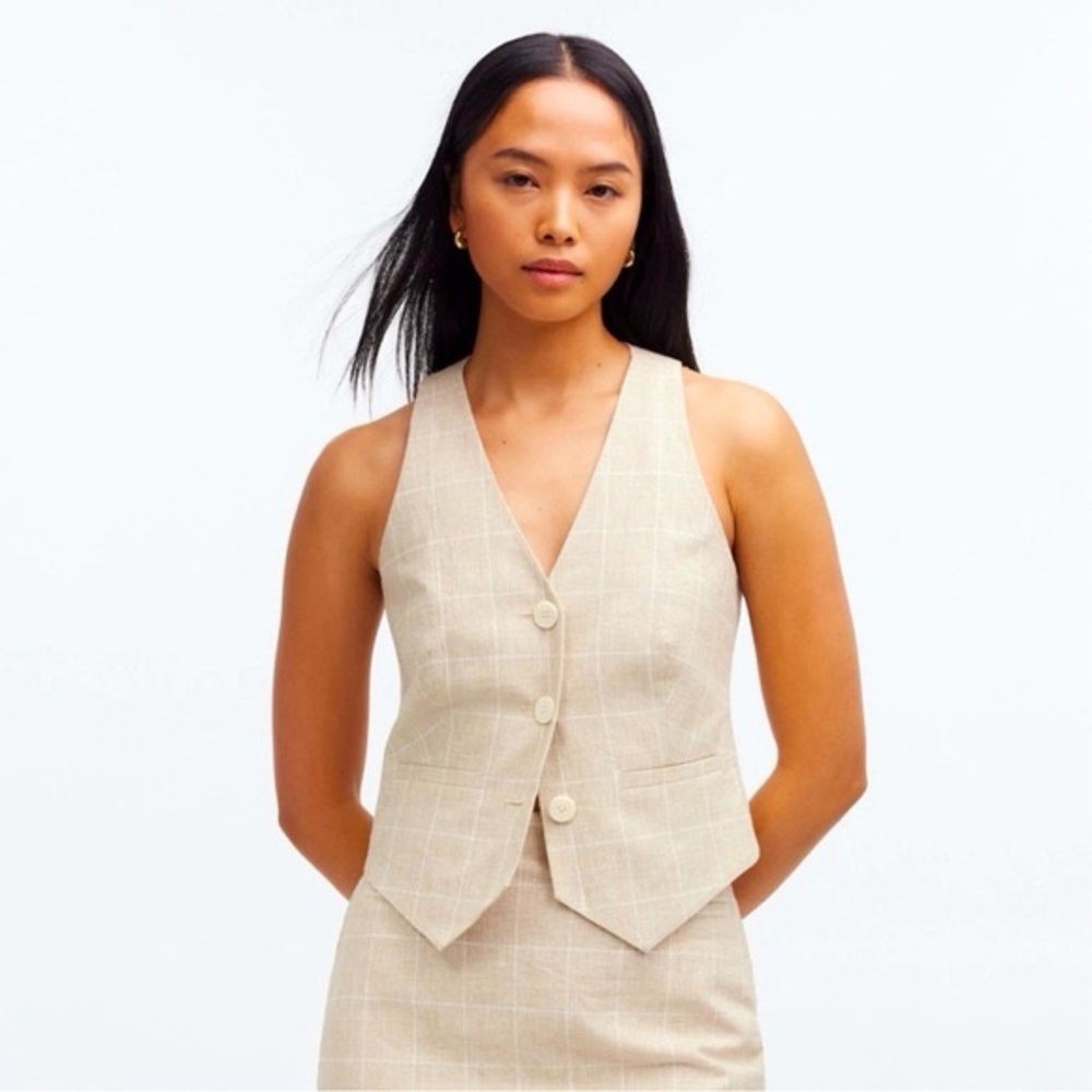 Madewell Beige Plaid Linen-Blend Tailored Vest NWT Size 10